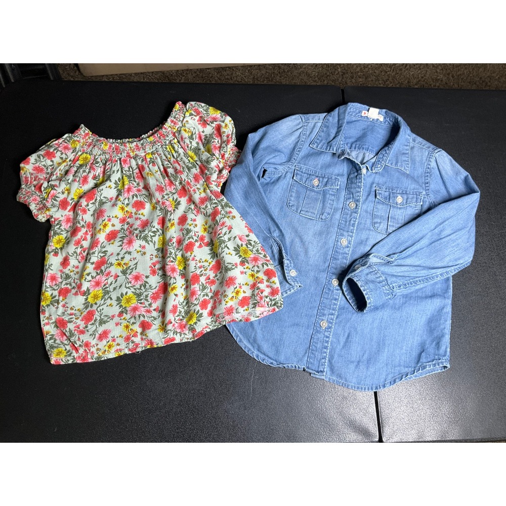 Girls GB Girls Floral Smocked Top Crewcuts Denim Shirt Size 5 Set of 2 Tops‎